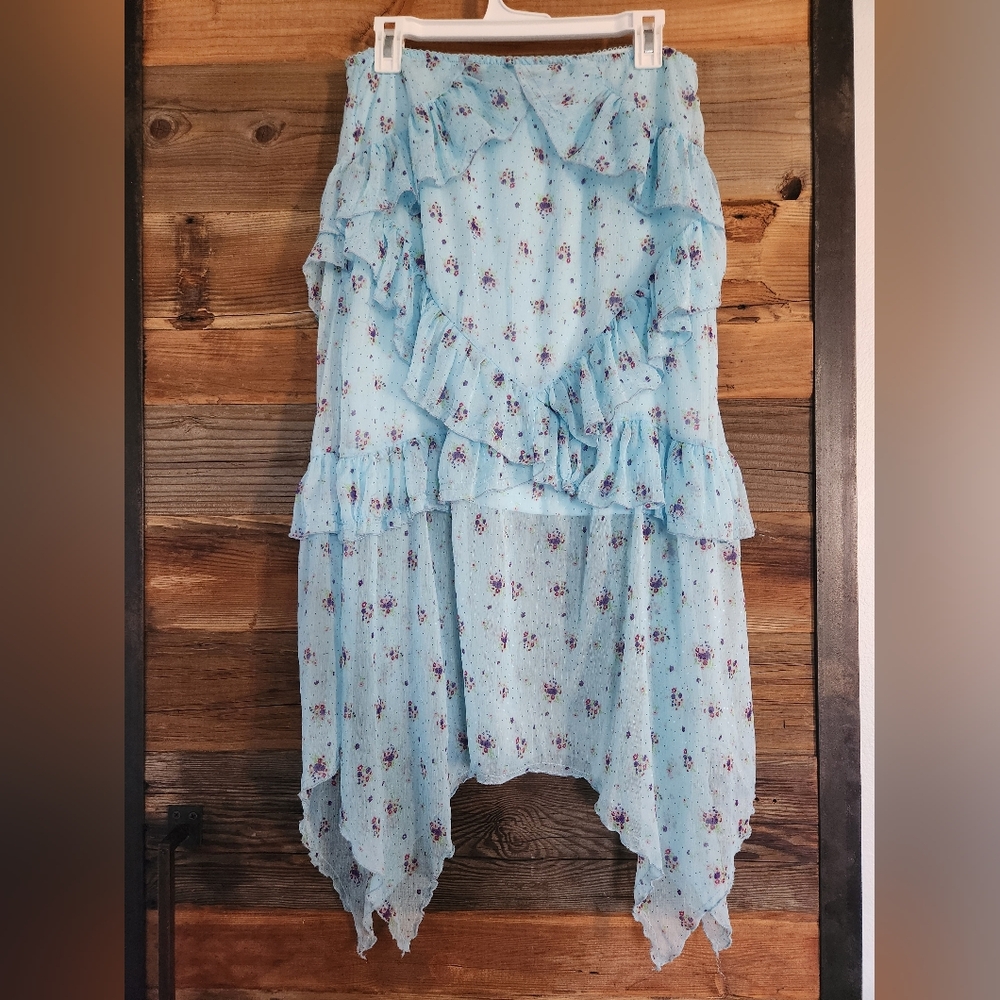 NWOT Urban Outfitters Boho Fairycore Blue Ditsy Floral Ruffle Asymmetrical Midi - Picture 4 of 4